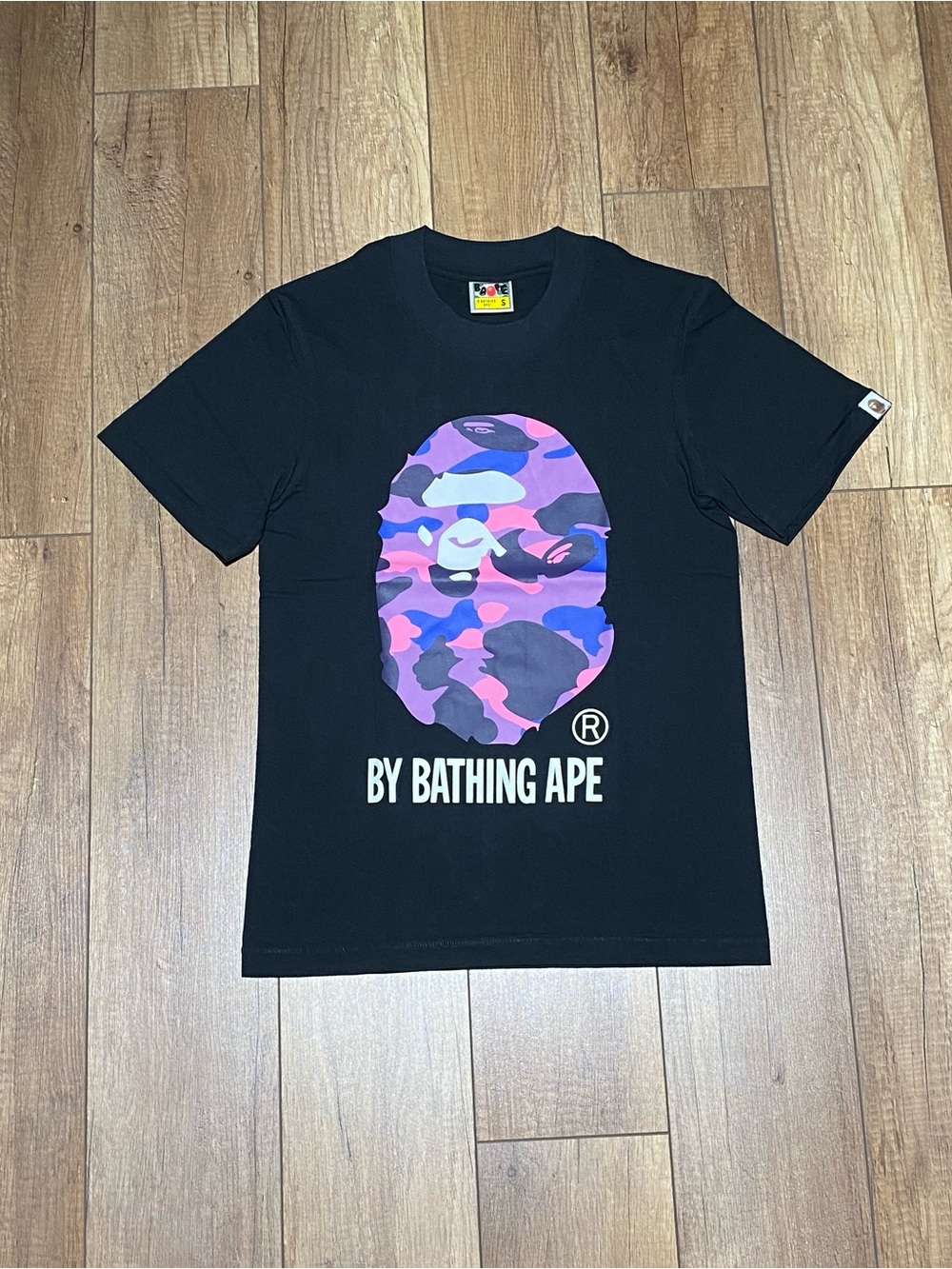 A Bathing Ape BAPE Black Tee Shirt Purple Camo Ape Logo Mens Size S - Picture 2 of 9